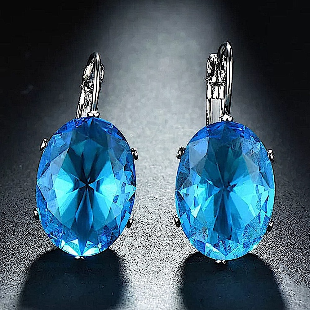 Aquamarine Zircon Oval Shaped White Gold Plated Earrings